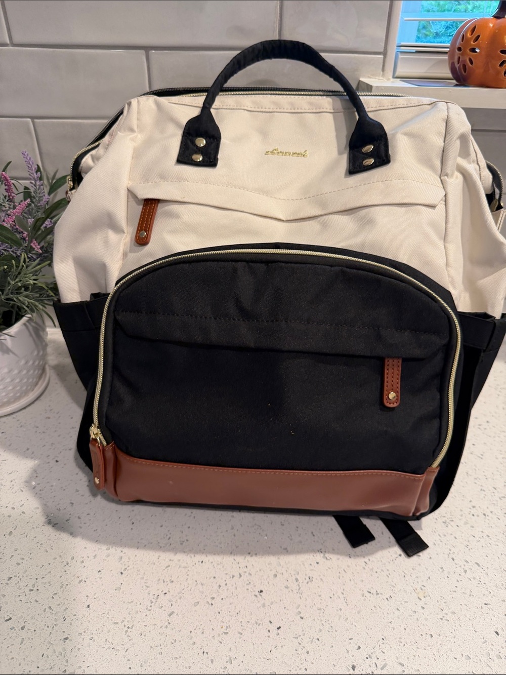 Two-Tone Cream and Black Women's Backpack with Brown Trim